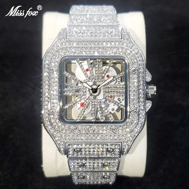 Square Full Diamond Watches For Men Luxury Fashion Ice Out Bling Skeleton Clock Hip Hop Shiny Silver Waterproof Watch Hot Sale