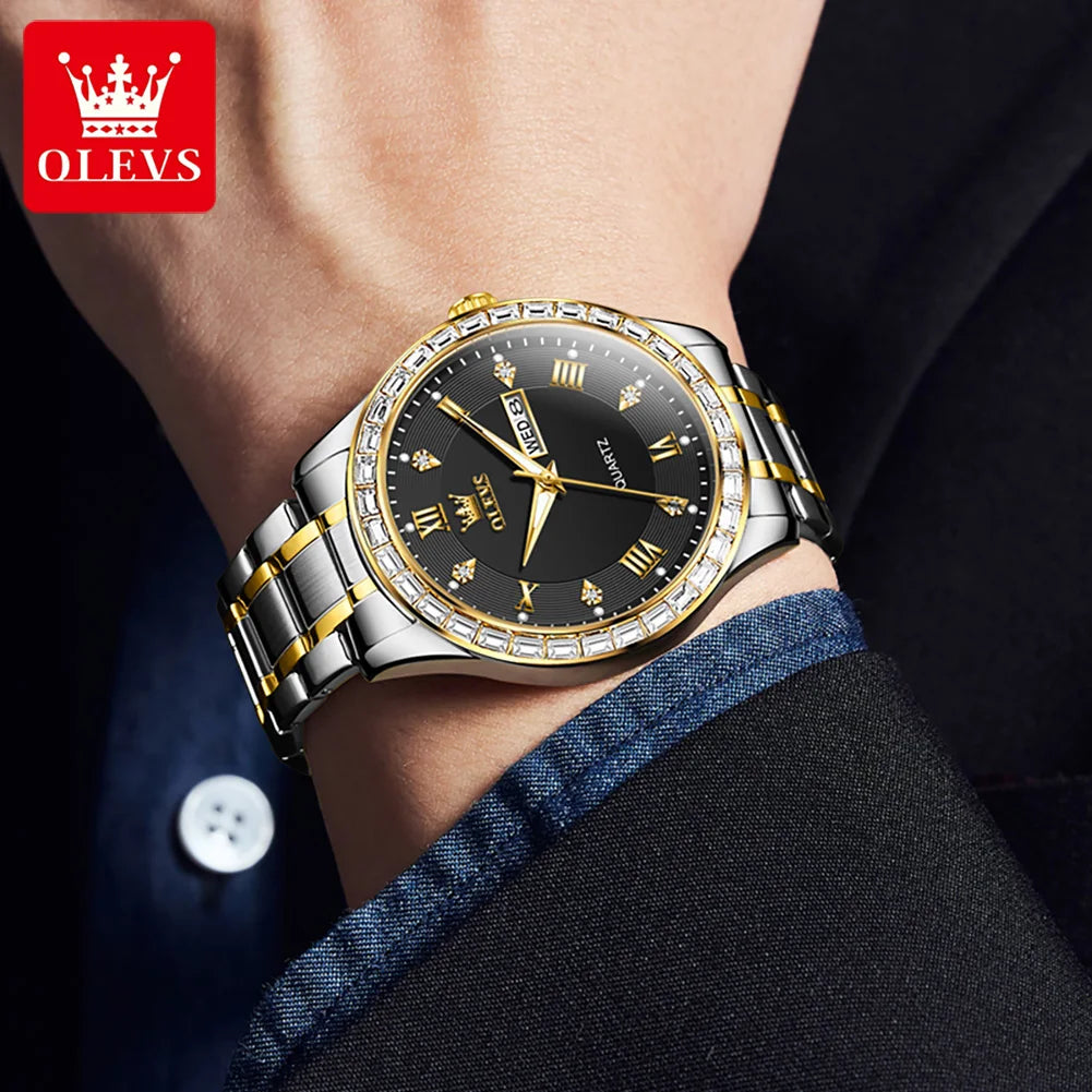 OLEVS Men's Watch Stainless steel Calendar Week Quartz Watch Waterproof Luminous Diamond Originals Luxury Dress Male Wristwatch