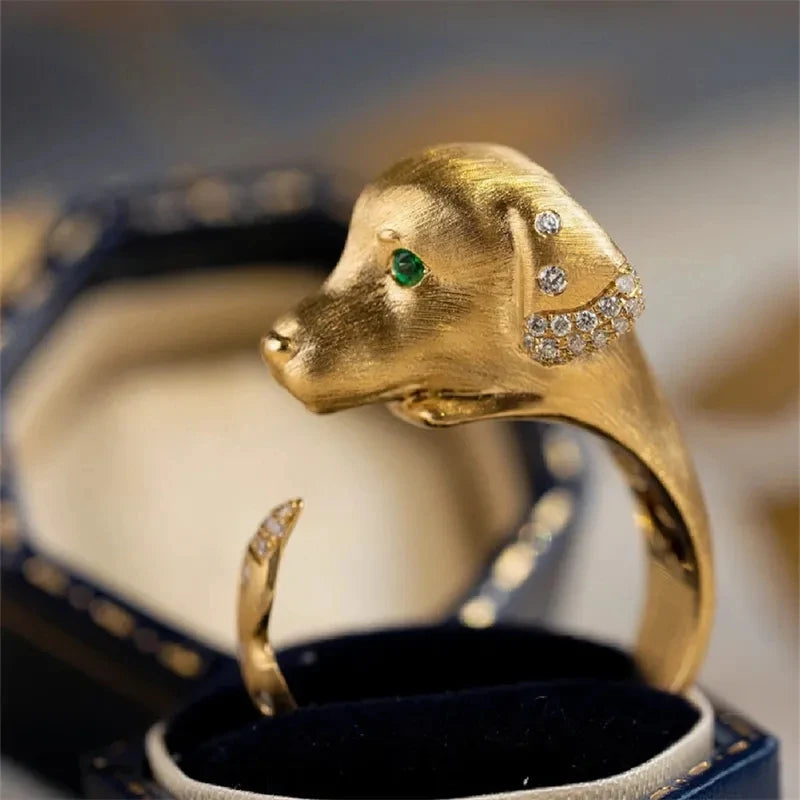 Cute Healing Zircon Golden Dog Ring