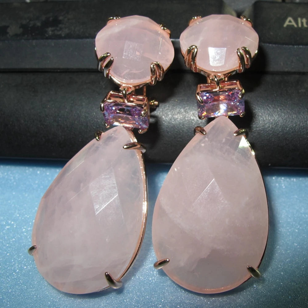 KQDANCE Rose Quartz Amethyst Dangle Large Purple Earrings With Water Drop Stone Silver 925 Needle Gold Plated Jewelry For Women