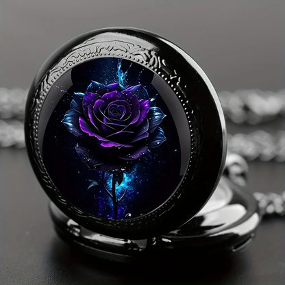 Retro Purple Rose Quartz Movement Pocket Watch,Stylish Black Necklace Chain, Classic Exquisite Design Watch Accessory For Women