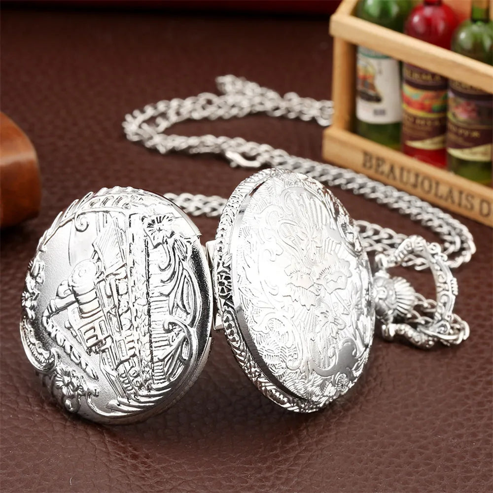 Vintage Retro Bronze Hollow Train Locomotive Steampunk Quartz Pocket Watch Women Men Necklace Pendant with Chain Birthday Gift