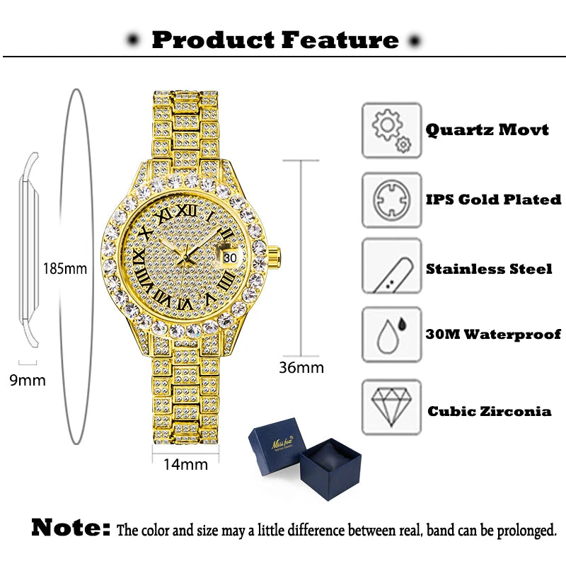 Lady Watch Luxury Bling Bling Diamond Elegant Evening Dresses Quartz Watches For Women Calendar Small Mini Pink Dial Wristwatch