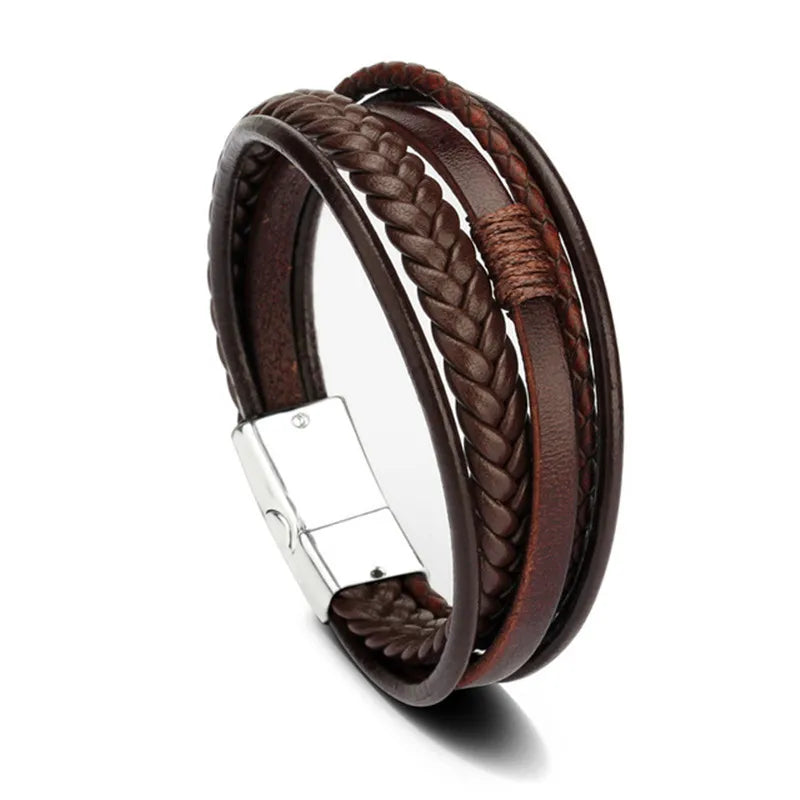 New Mens Magnetic Leather Bracelets Handmade Braided Multilayer Cord Ethnic Jewelry Accessories Male Armband Gifts