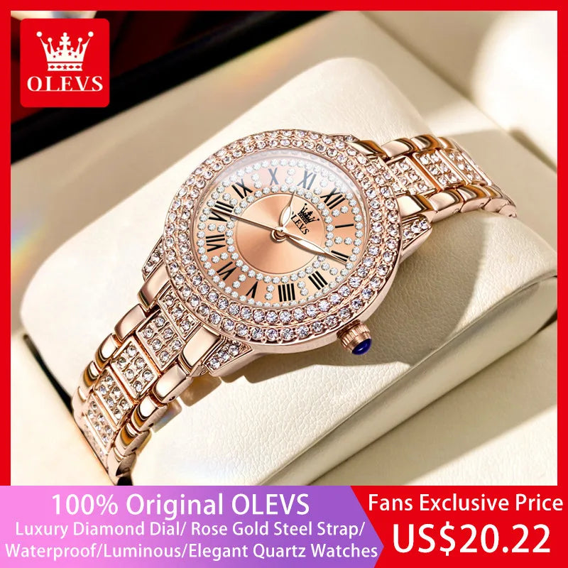 OLEVS Original Diamond Watch for Women Fashion Elegant Stainless Steel Waterproof Quartz Wristwatch Luxury Ladies Dress Watches