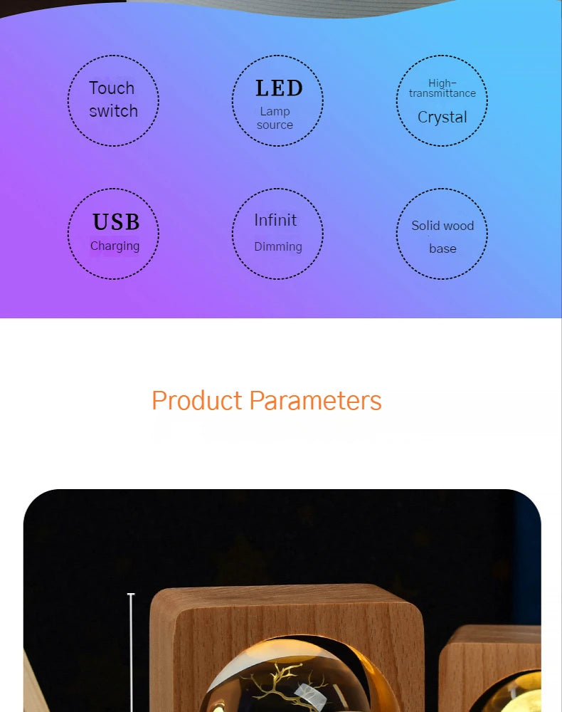 Wooden Case Luminous Crystal Ball Night Light 8cm/6cm 3D Galaxy Solar System LED Nightlights Dimmable Lamp for Decoration Gifts