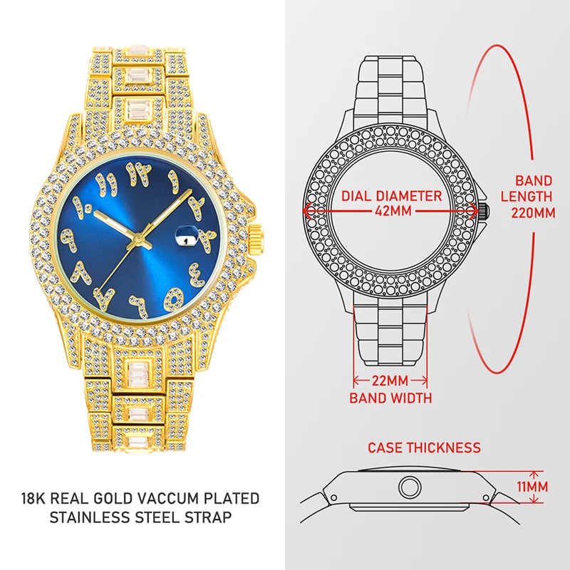 ساعات يد مقاومة للماء  Gold Men's Watch Blue Dial Diamond Luxury Big Wrist Quartz Watches Bracelet Baguette Look Like Expensive