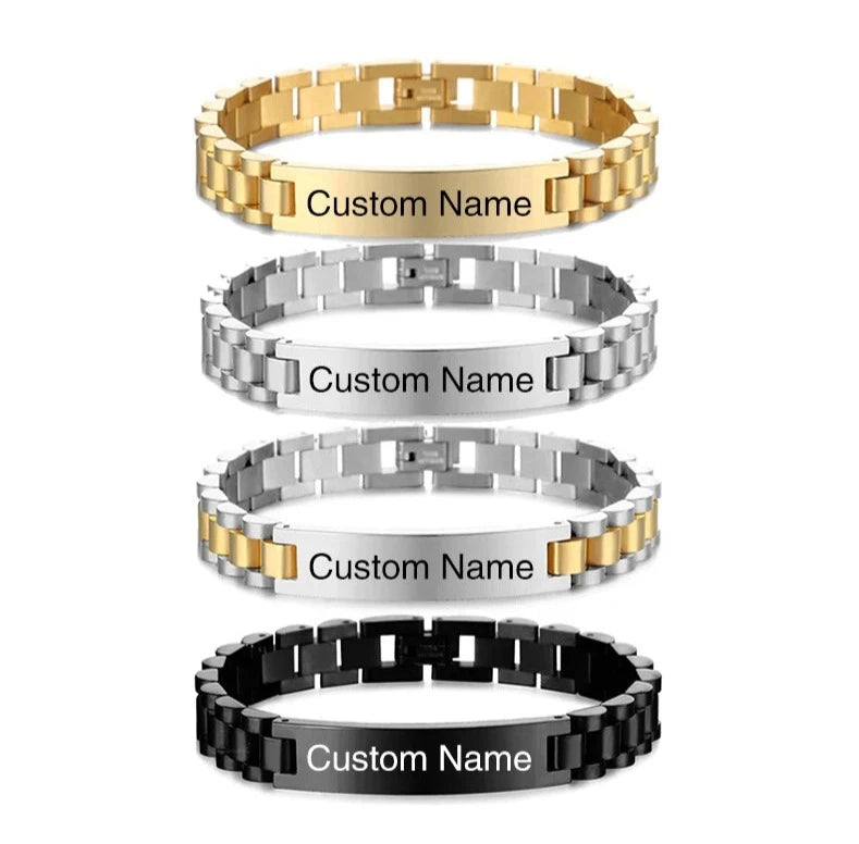 Personalized Engravable Stainless Steel ID Bracelets for Men Custom Engrave Name Plate Identity ID Bar Bracelets for Him19-21CM