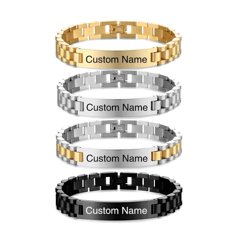 Personalized Engravable Stainless Steel ID Bracelets for Men Custom Engrave Name Plate Identity ID Bar Bracelets for Him19-21CM