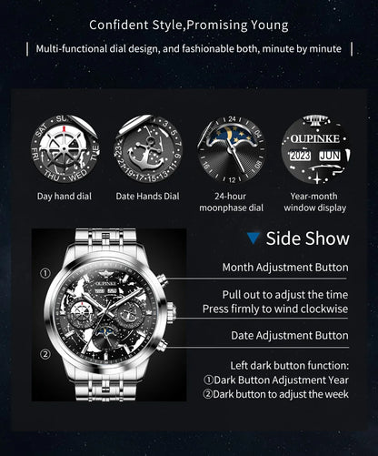 OUPINKE 3256 Top Luxury Men Watch Nebula Surge Dial Men Waterproof Night Light Calendar Week Original Automatic Mechanical Watch