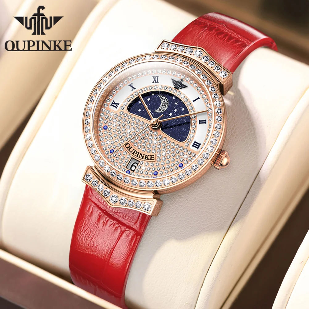 OUPINKE Original Swiss Quartz Movement Watch for Women High Quality Full Diamond Ladies Wrist Watch Sapphire Crystal Moonswatch