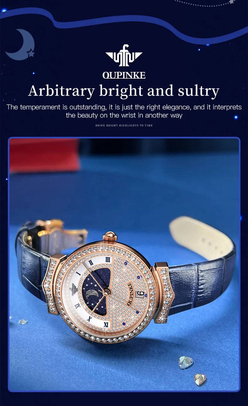 OUPINKE Original Swiss Quartz Movement Watch for Women High Quality Full Diamond Ladies Wrist Watch Sapphire Crystal Moonswatch