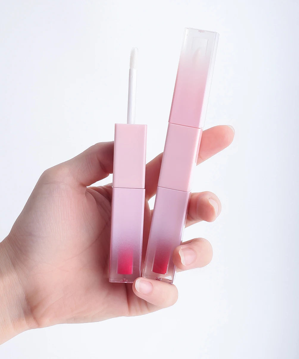 Custom 7colors Gradient Pink Tube Lipgloss Non-stick Cup Matte Waterproof 2in1 Double-head Long Lasting Hydrating Lip Oil Makeup