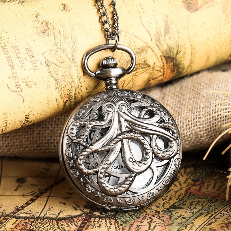 Retro Black and Bronze Octopus Quartz Pocket Watch With Necklace Chain Gift for Male Women Chronograph Hombre Relojes