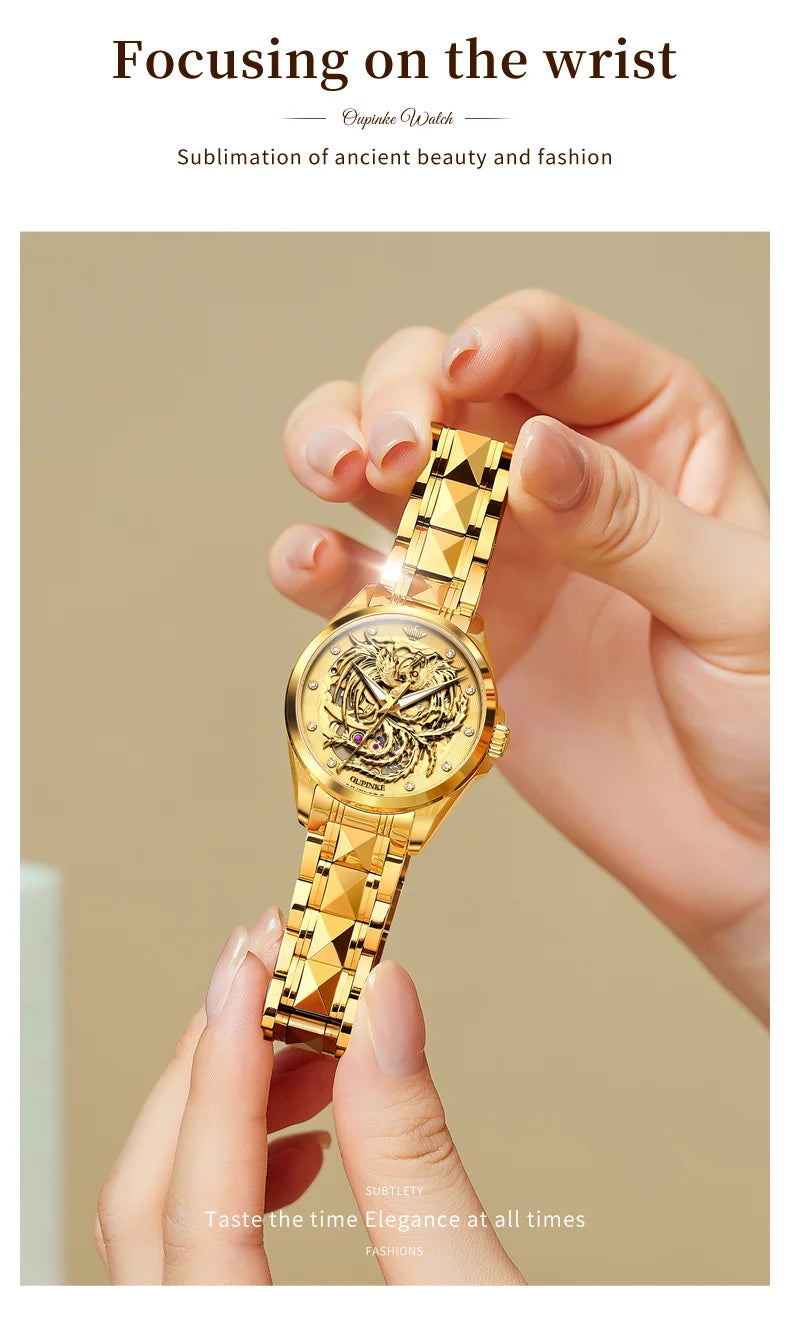 OUPINKE Luxury Carving Phoenix Women Automatic Mechanical Watches New Waterproof Lady Wrist Watch Casual Fashion Watch for Women