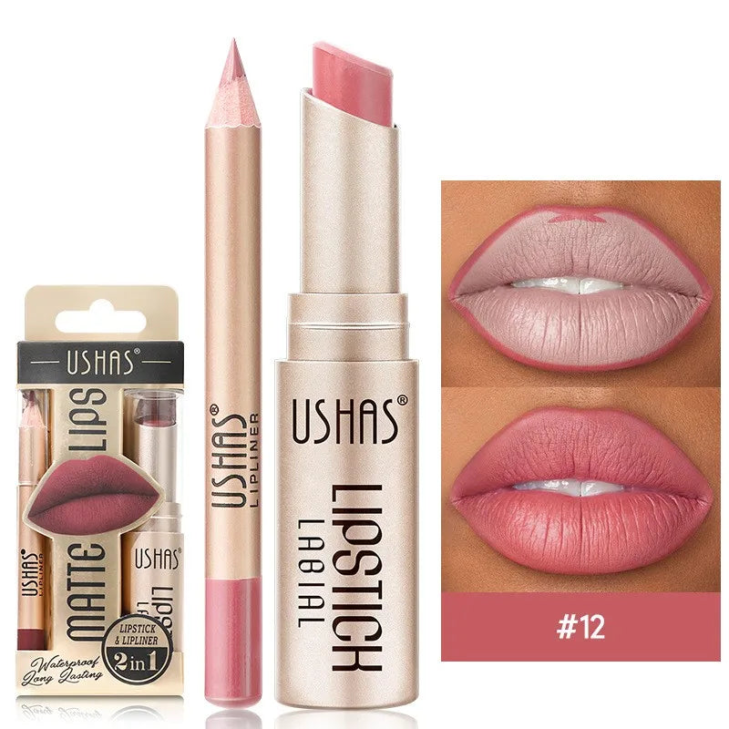 2 In 1 Lipstick Set Makeup Matte Lipstick & Lip Liner Pencil Waterproof Lasting Cosmetics Nude Brown Contour Tinted Lip Balm Kit