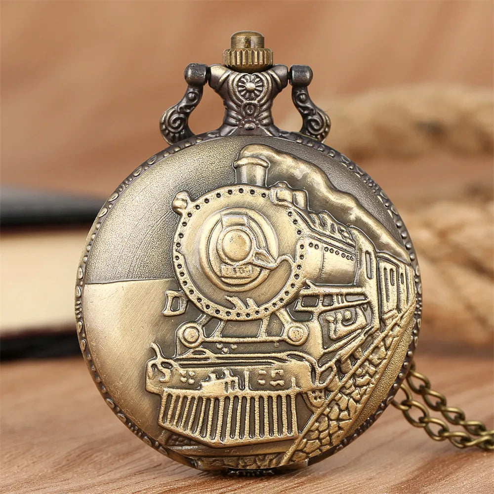 Vintage Retro Bronze Hollow Train Locomotive Steampunk Quartz Pocket Watch Women Men Necklace Pendant with Chain Birthday Gift