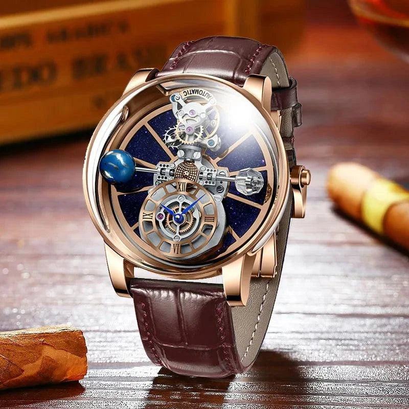 PINDU Design Men Watches Celestial Series Curved Mirror Transparent Design Roman Numeral Scale Waterproof Leather Watch for Men