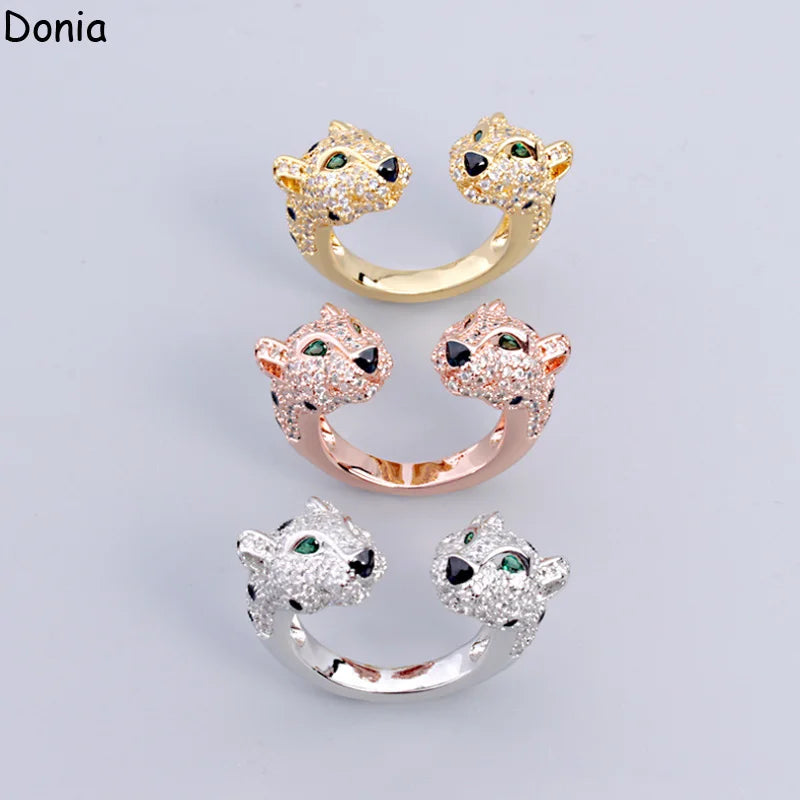 Donia jewelry Europe and America double head green eye leopard titanium steel inlaid AAA zircon bracelet ring luxury jewelry set