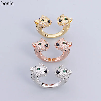 Donia jewelry Europe and America double head green eye leopard titanium steel inlaid AAA zircon bracelet ring luxury jewelry set