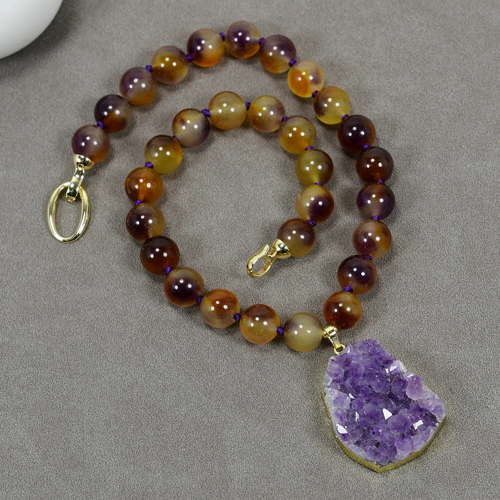 G-G 12mm Mix Color Brown Jade Smooth Round Strand Beads Necklace Amethyst Quartz Rough Geode Pendant Jewelry Gift For Lady