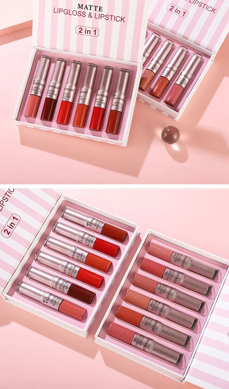 Heallor 6 Colors Double Head Lip Gloss Matte Velvet Sexy Red Tint Liquid Lipstick Waterproof Mirror Water Lip Glaze Lips Makeup