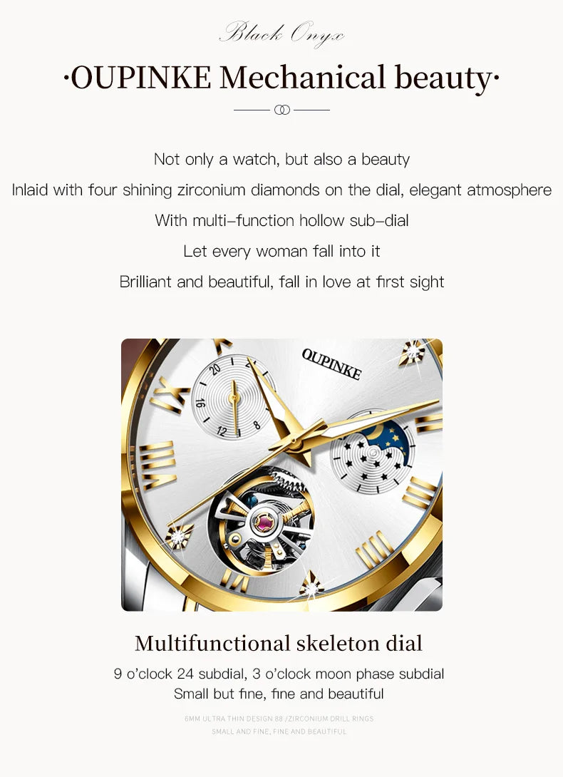 OUPINKE 3202 Skeleton Flywheel Mechanical Wrist Watch for Women