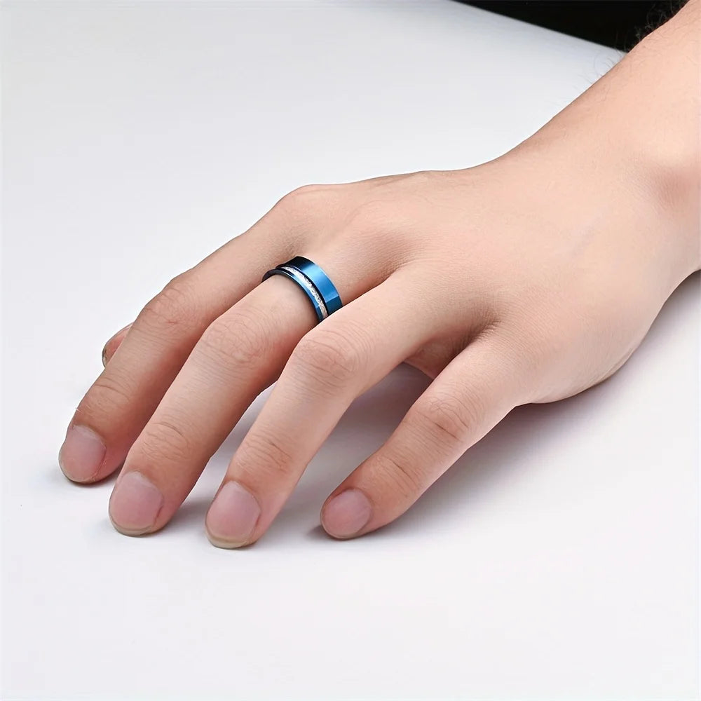 Introducing the Fashion Blue Stainless Steel Ring for Men with Vintage Silver Color Meteorites Inlaid: