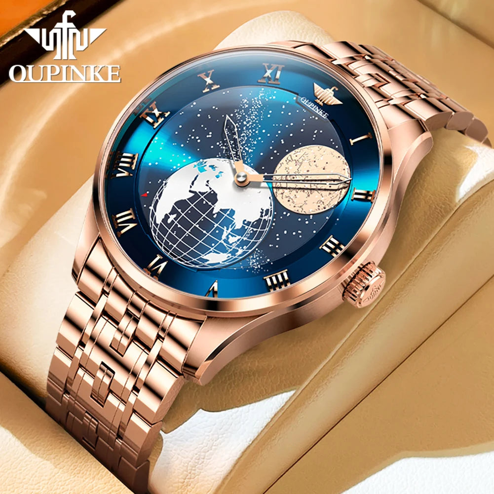 OUPINKE 3230 Men Watch Luxury 3D Earth Starry Sky Moon Phase Rotating Dial Business Waterproof Men Automatic Mechanical Watch