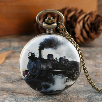 Vintage Retro Bronze Hollow Train Locomotive Steampunk Quartz Pocket Watch Women Men Necklace Pendant with Chain Birthday Gift