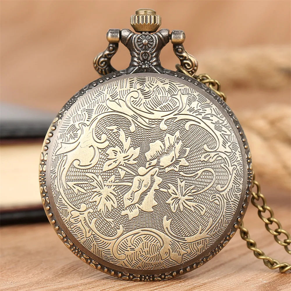 Vintage Retro Bronze Hollow Train Locomotive Steampunk Quartz Pocket Watch Women Men Necklace Pendant with Chain Birthday Gift