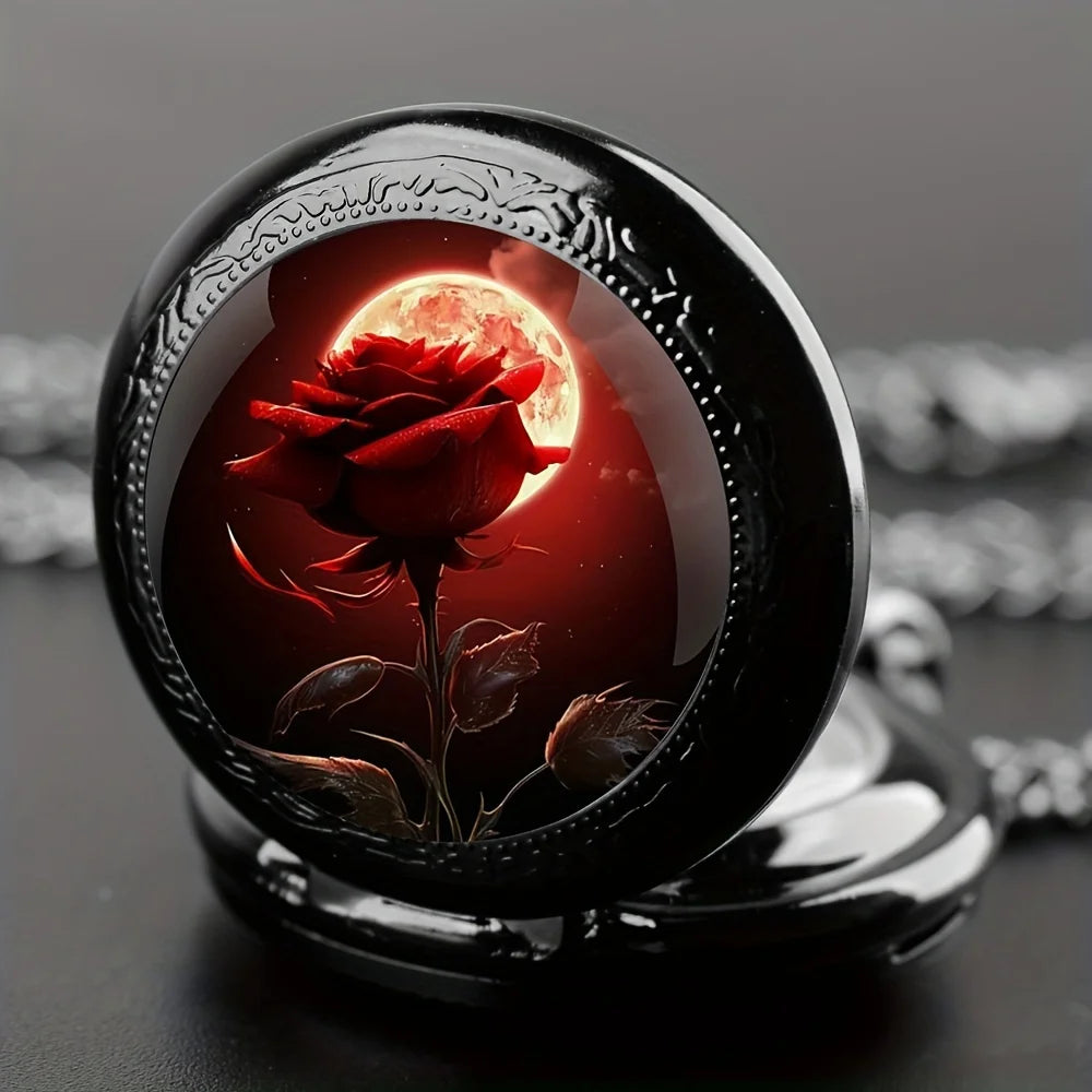 Rose Flower And Moon Quartz Movement Pocket Watch.