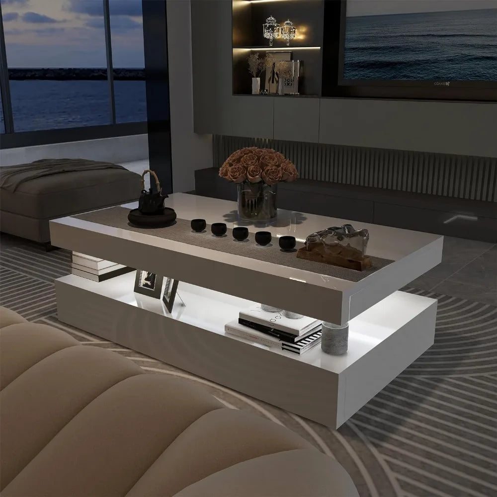 Green Coffee Table - High Gloss Modern Coffee Table with RGB LED Light for Living Room, Dining, and Salon