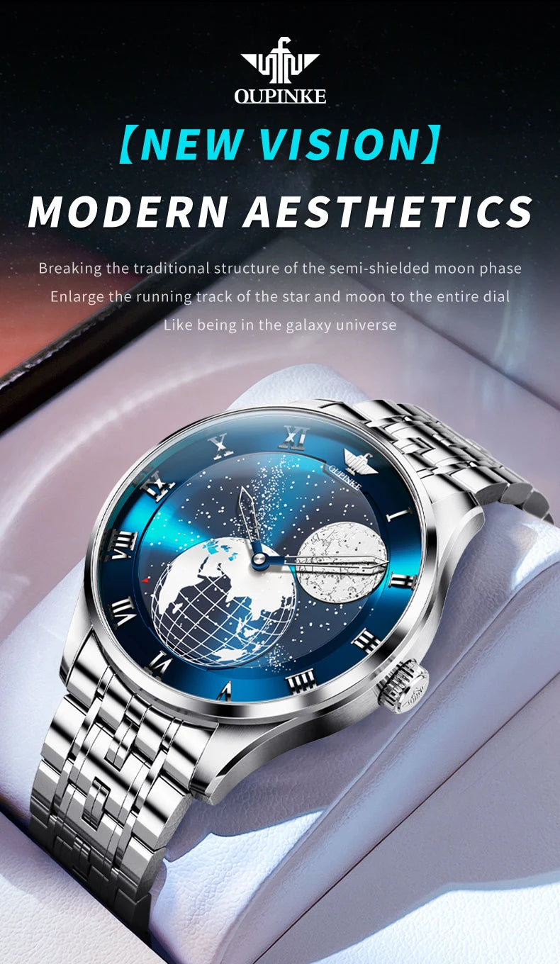 OUPINKE 3230 Men Watch Luxury 3D Earth Starry Sky Moon Phase Rotating Dial Business Waterproof Men Automatic Mechanical Watch