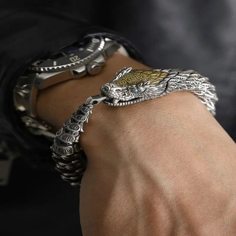 Vintage Men's Punk Domineering Ancient Dragon Snake Link Bracelets Accessories Hiphop Style 925 Sterling Silver Fashion Jewelry