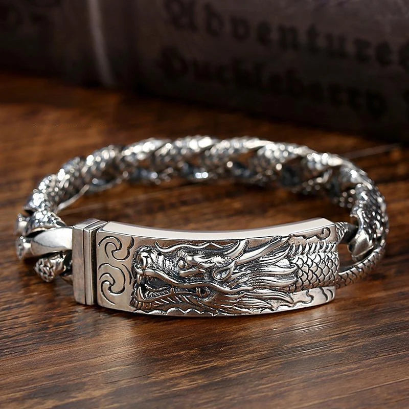 Handmade Original Retro Silver Chain Male Domineering Dragon Head Bracelet for Men Party Birthday Hip Hop Rock Jewelry Gift