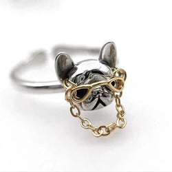 Cute Dog with Sunglasses Ring Punk French Bulldog Wearing Chain Glasses Open Finger Ring Jewelry Cool Decoration for Men Women