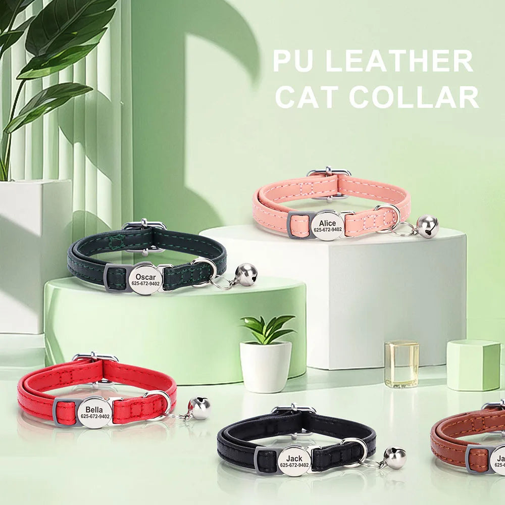 Custom Cat Collar PU Leather Cats Collars Necklace Safety Breakaway Pet Kitten Puppy Collars Anti-lost for Cats Free Engraved