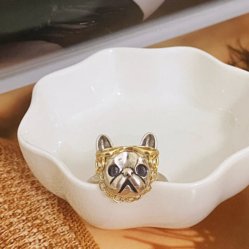 Cute Dog with Sunglasses Ring Punk French Bulldog Wearing Chain Glasses Open Finger Ring Jewelry Cool Decoration for Men Women