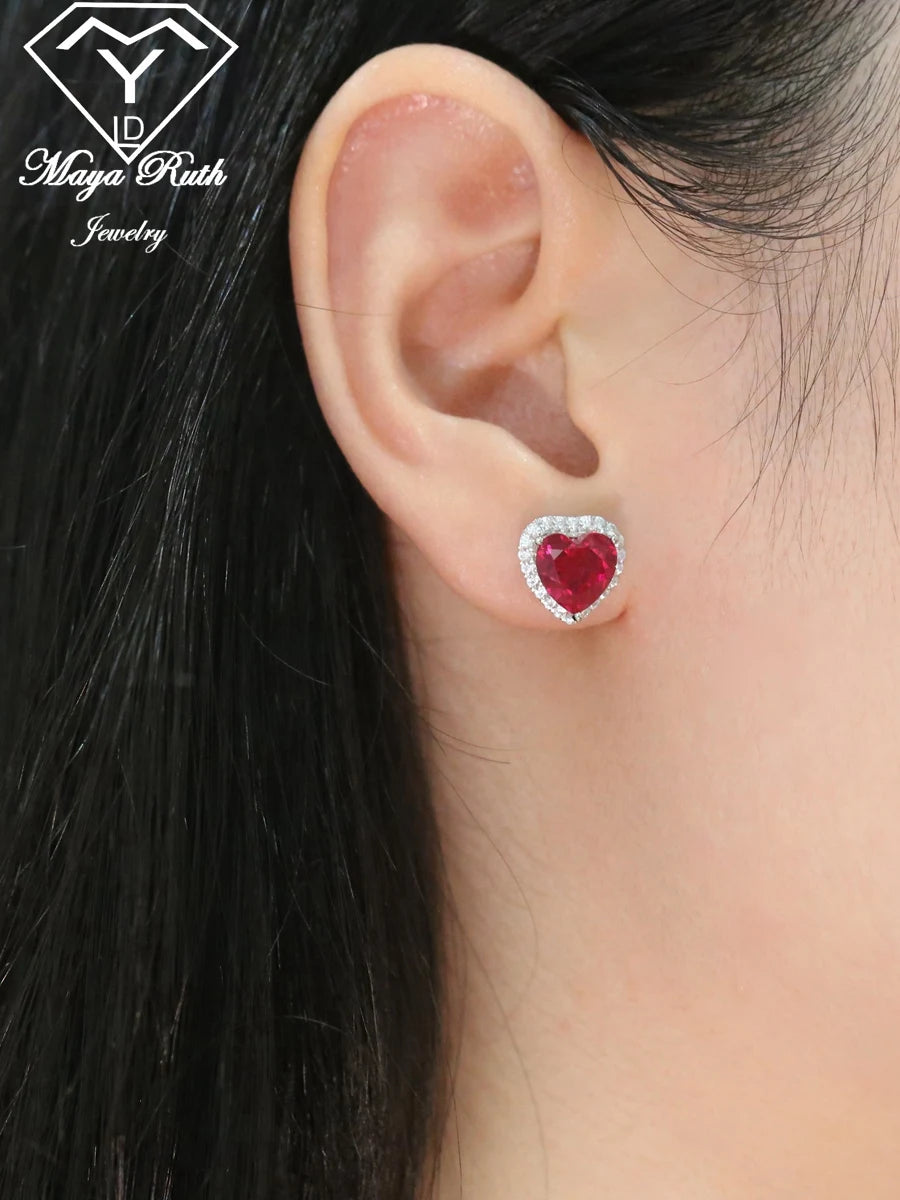 Lab Created Ruby Red Gemstone 925 Sterling Silver Heart Shape Earrings For Women White Gold Plated Gifts For Wife Girlfriend