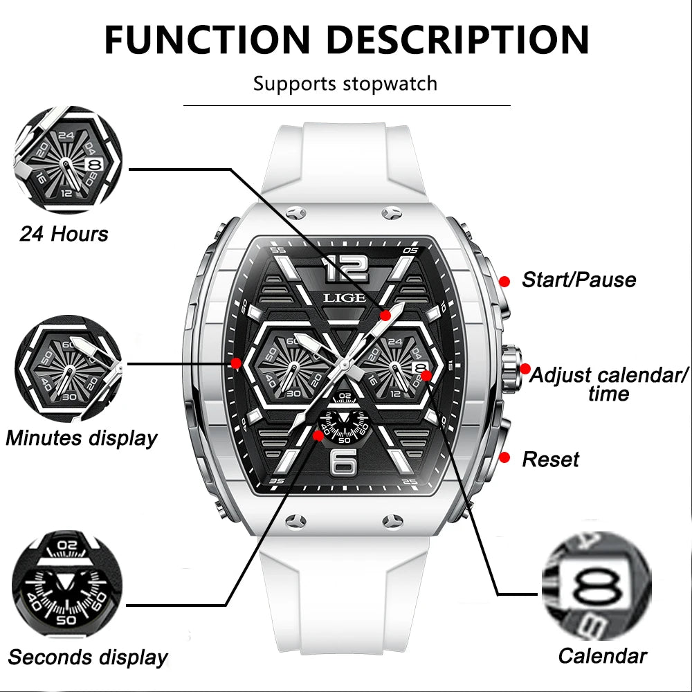 LIGE Square Man Watch Brand Luxury Fashion Silicone.