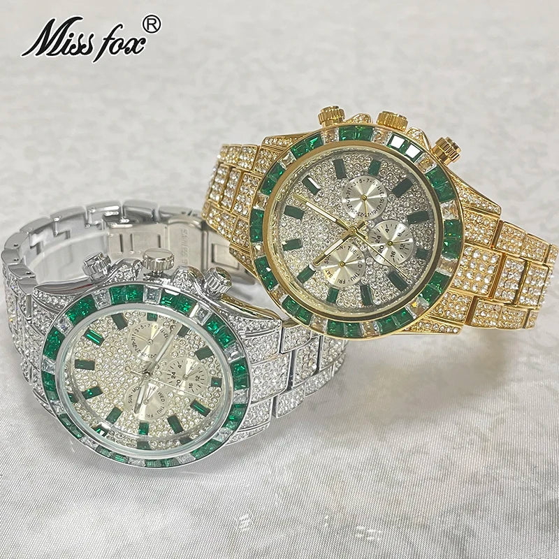 2022 Luxury Brand MISSFOX Gold Hip Hop Watches Men Fashion Rainbow Diamond Waterproof Smart Watch Full Steel Sports Clocks Male