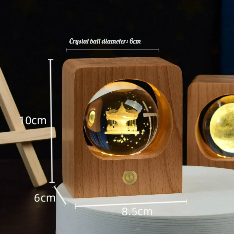 Wooden Case Luminous Crystal Ball Night Light 8cm/6cm 3D Galaxy Solar System LED Nightlights Dimmable Lamp for Decoration Gifts