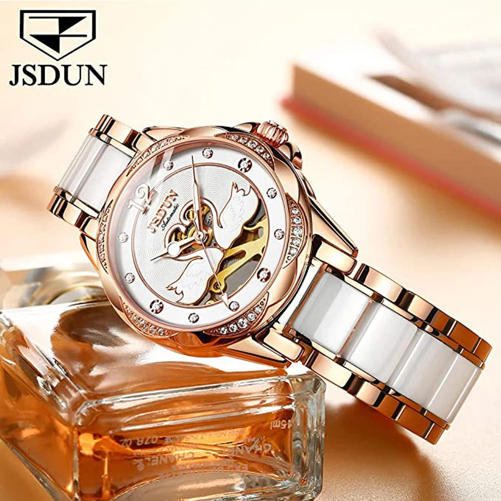 Luxury Mechanical Women Watch Love Swan Design Skeleton Elegant Ceramics Strap Waterproof  Ladies Wristwatch Girls Dress Watch