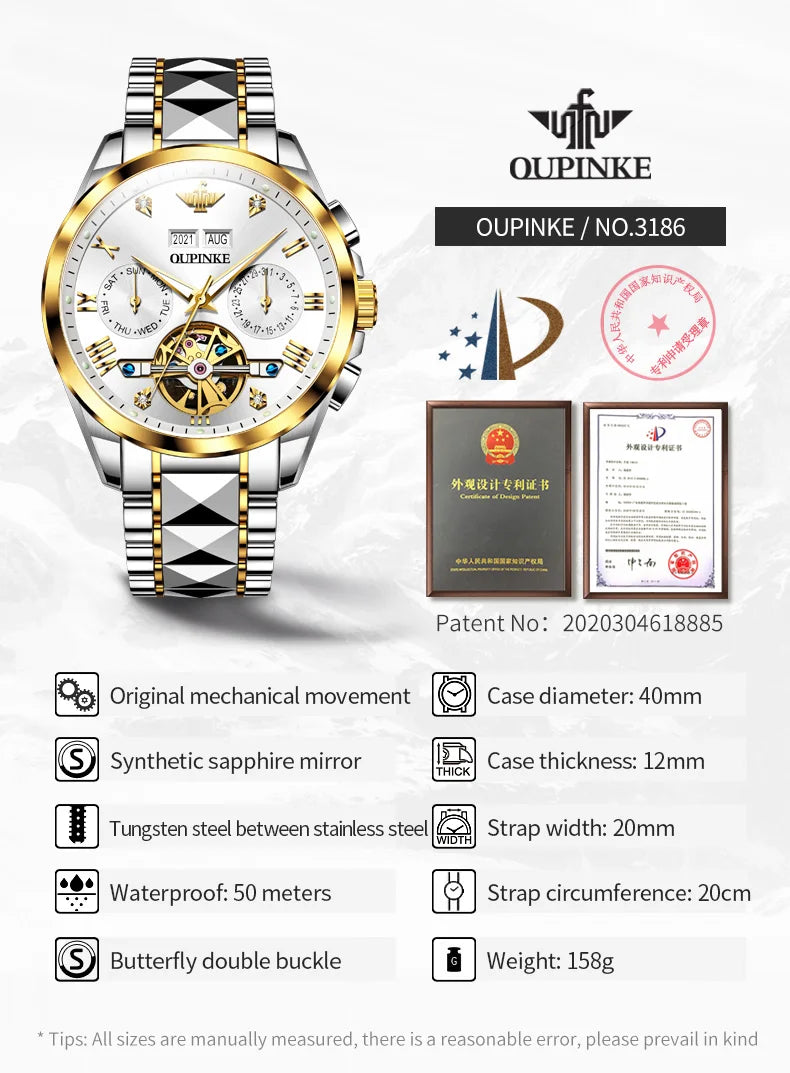 OUPINKE 3186 High Quality Luxury Skeleton Flywheel Automatic Watch for Men 5Bar Waterproof Dual Calendar Brand Men&