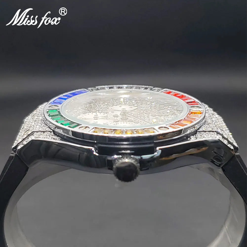 Men's Quartz Watch With Rainbow Diamond Luxury Stylish Sport Wristwatch For Men Chronograph Silicone Strap Watches Winner Gift