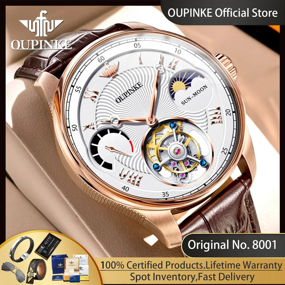 OUPINKE 8001 Tourbillon Watch for Men High-end Luxury Skeleton Flywheel 24hour Moon Phase Chrono Multifunction Mechanical Watch