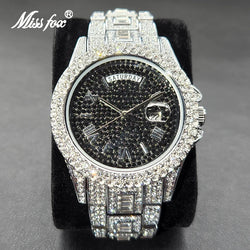 MISSFOX Hip Hop Diamond Mens Watches Luxury Silver Stainless Steel Quartz Watch Top Brand Waterproof Date Day Iced Out Clock Man