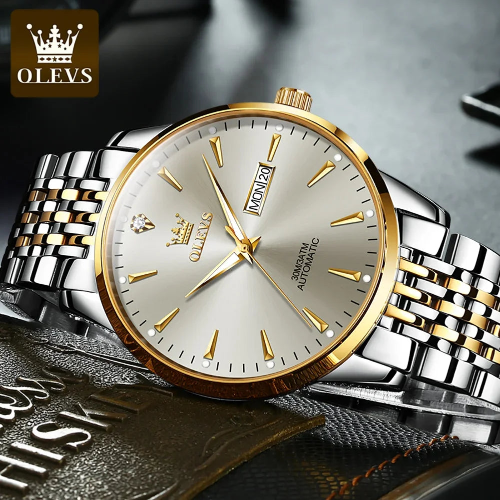 OLEVS 6635 Business Automatic Mechanical Watch For Men, Hot Waterproof Stainless Steel Strap Men Wristwatches Luminous Calendar