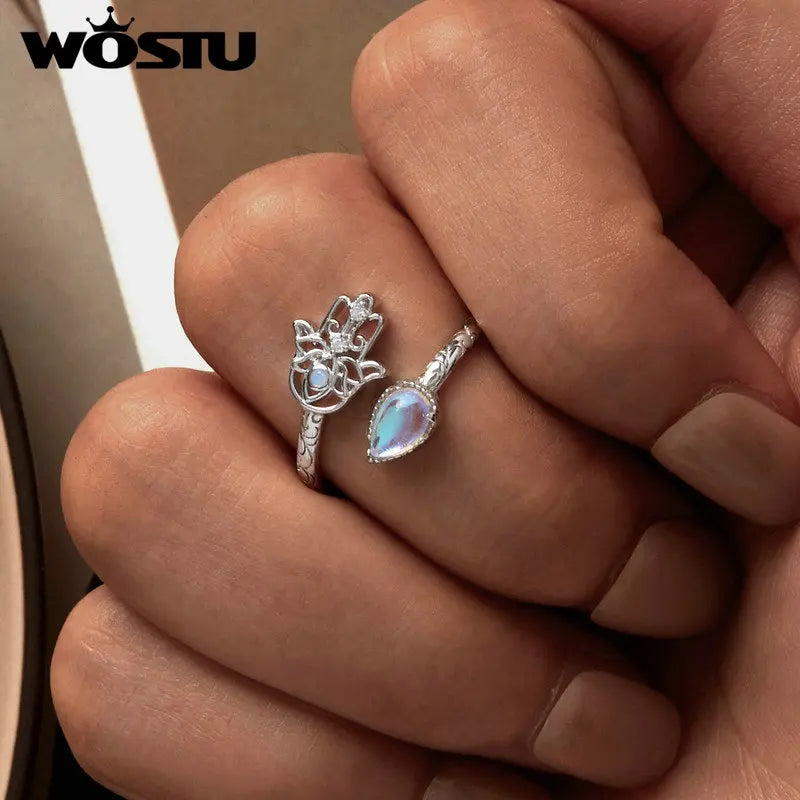 WOSTU 925 Sterling Silver Lucky Hand Of Fatima Opening Ring Rainbow Moonstone Teardrop Stackable Rings Party Jewelry Gift